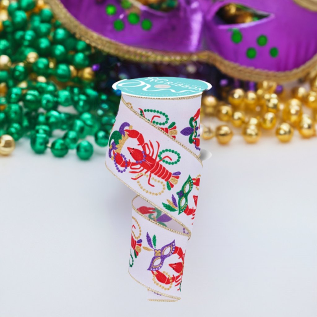 2.5" Mardi Gras Crawfish Ribbon: White (10 Yards) - Michelle's aDOORable Creations - Wired Edge Ribbon