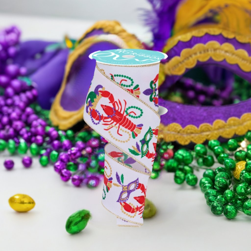 2.5" Mardi Gras Crawfish Ribbon: White (10 Yards) - Michelle's aDOORable Creations - Wired Edge Ribbon