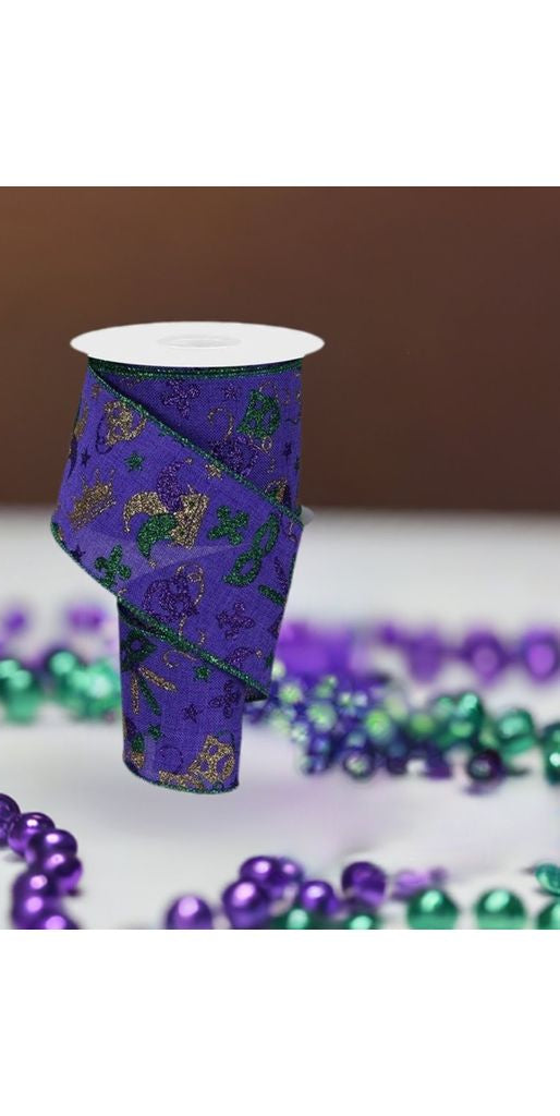 2.5" Mardi Gras Pattern Ribbon: Purple (10 Yards) - Michelle's aDOORable Creations - Wired Edge Ribbon