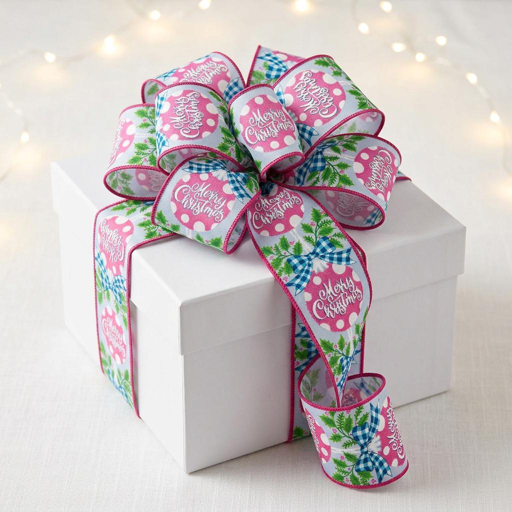 Festive pink blue wired ribbon gift bow on white box with fairy lights