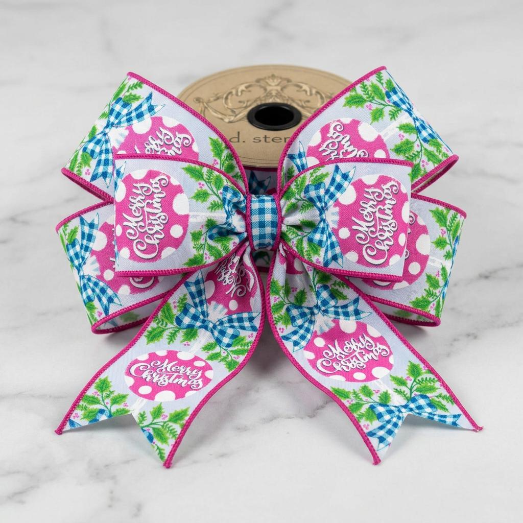 Pink and blue Merry Christmas wired edge ribbon bow with polka dot ornaments