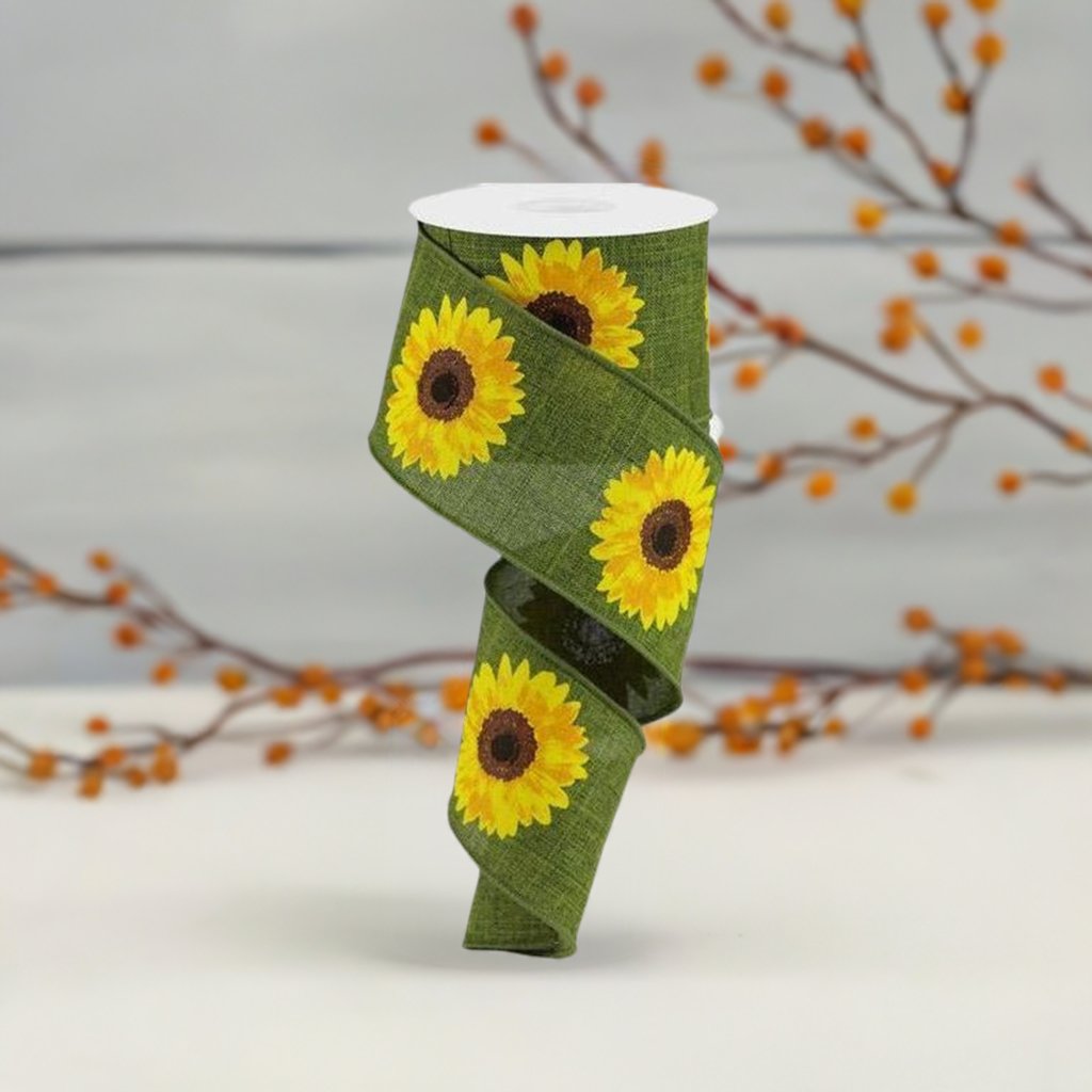 Shop For 2.5" Moss Green Sunflower Ribbon at Michelle's aDOORable Creations