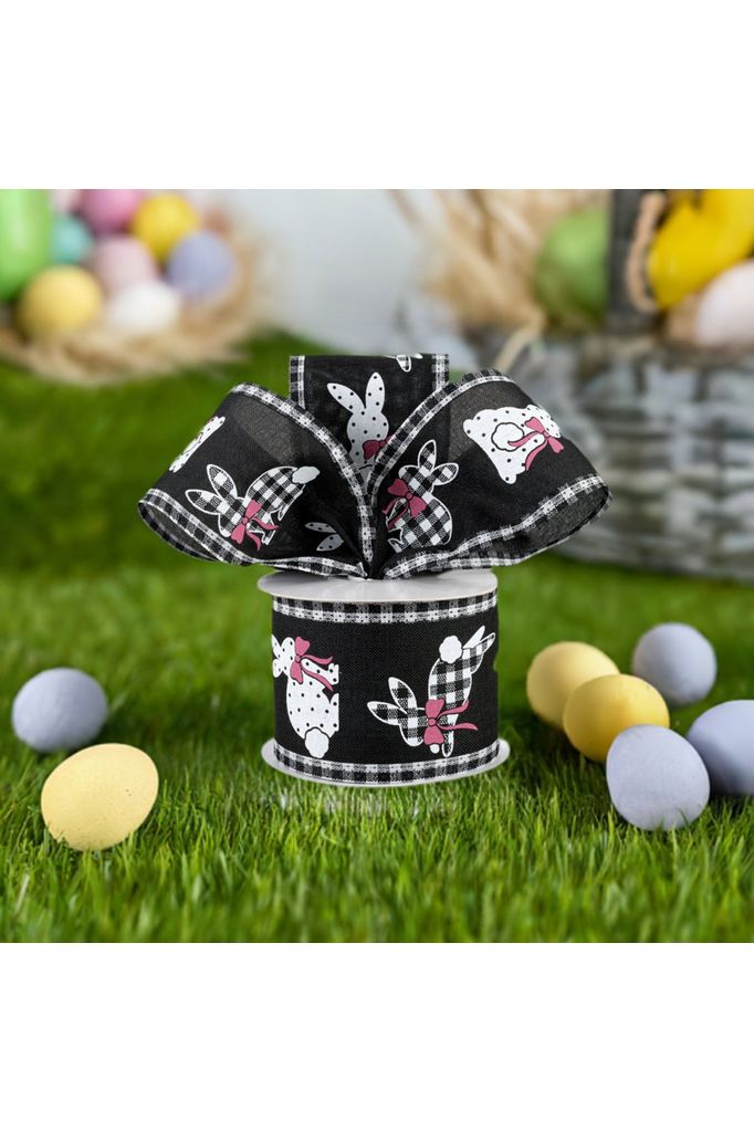 2.5" Pattern Bunnies on Royal Gingham Ribbon: Black (10 Yards) - Michelle's aDOORable Creations - Wired Edge Ribbon