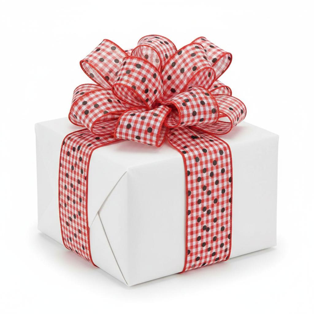 2.5-inch red and white gingham ribbon with black polka dots tied in a bow on a white gift box.