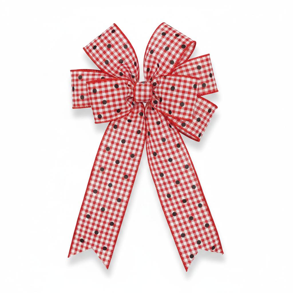 2.5-inch red and white gingham ribbon bow with black polka dots and wired edges for easy shaping.