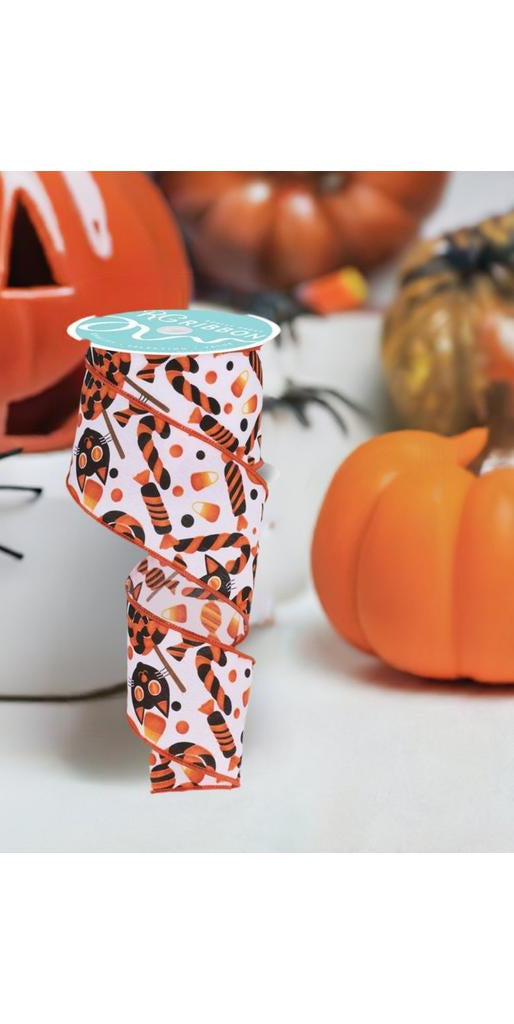 2.5" Pumpkin Cat Candy Ribbon: White (10 Yards) - Michelle's aDOORable Creations - Wired Edge Ribbon