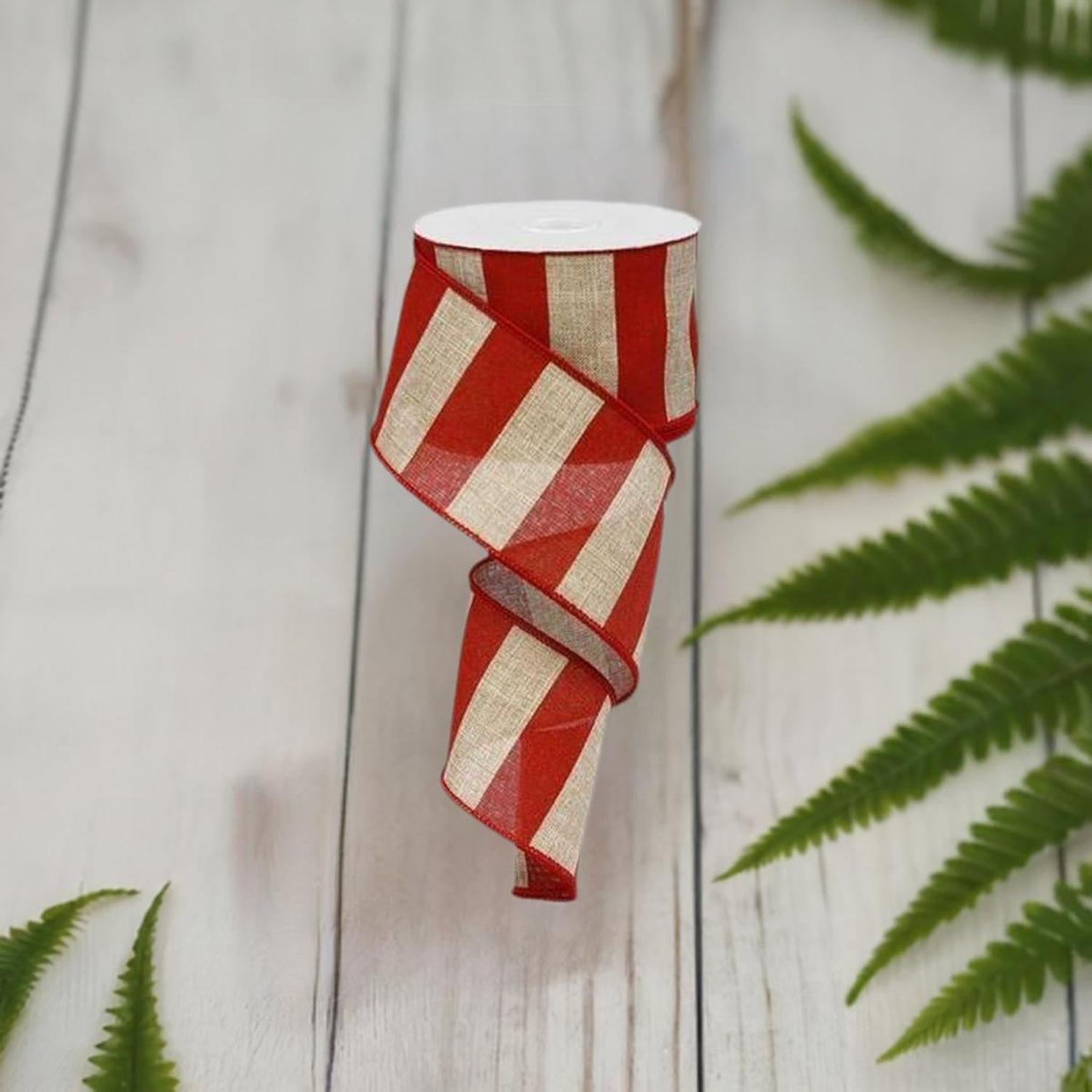 2.5" Royal Canvas Wide Stripe Ribbon: Natural & Red (10 Yards)