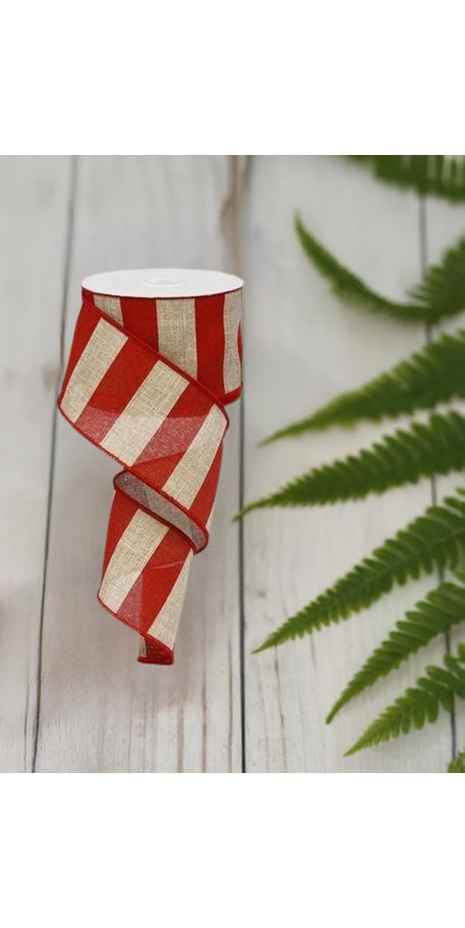 2.5" Royal Canvas Wide Stripe Ribbon: Natural & Red (10 Yards) - Michelle's aDOORable Creations - Wired Edge Ribbon