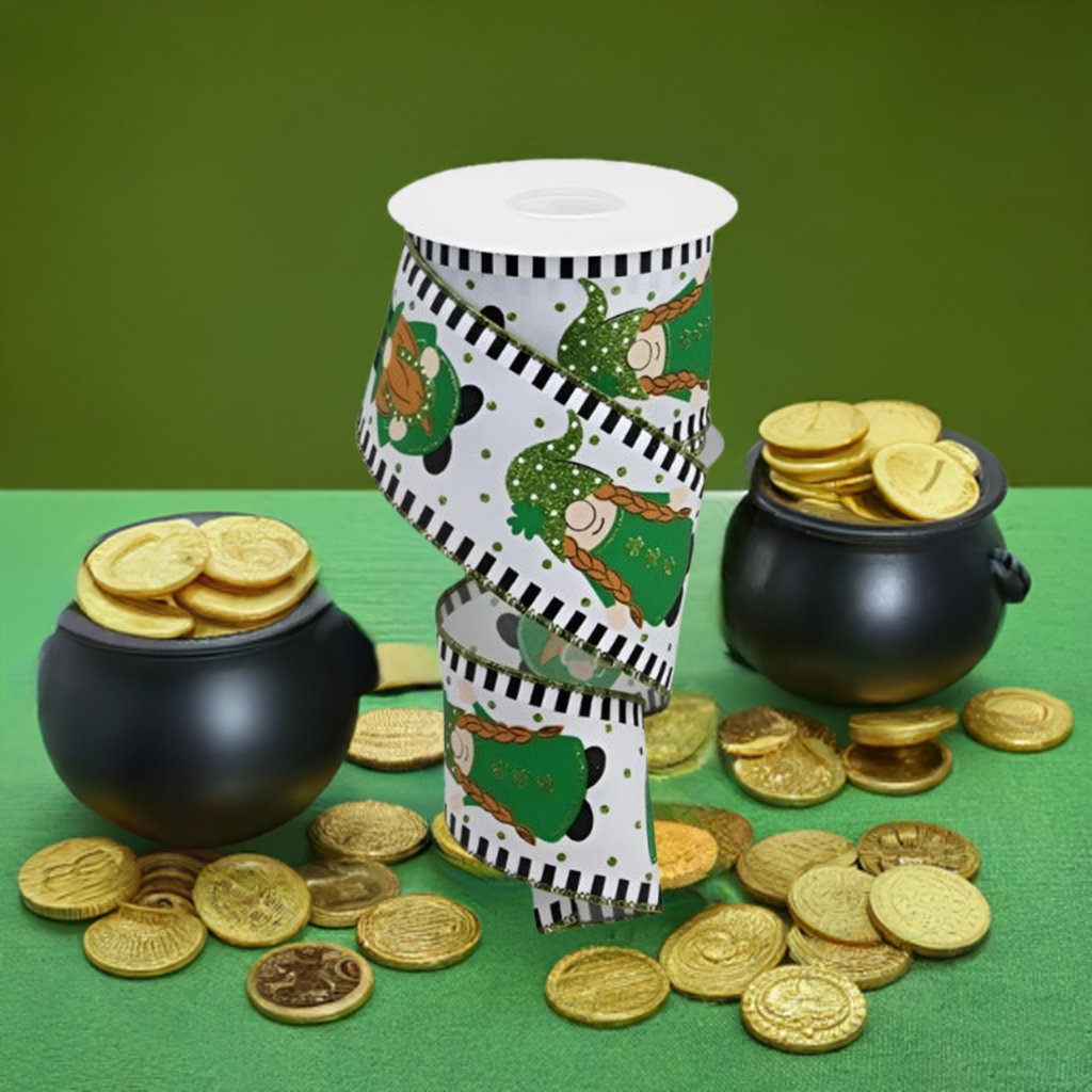Shop For 2.5" Saint Patrick Gnome Stripe Edge Ribbon: White (10 Yards) at Michelle's aDOORable Creations