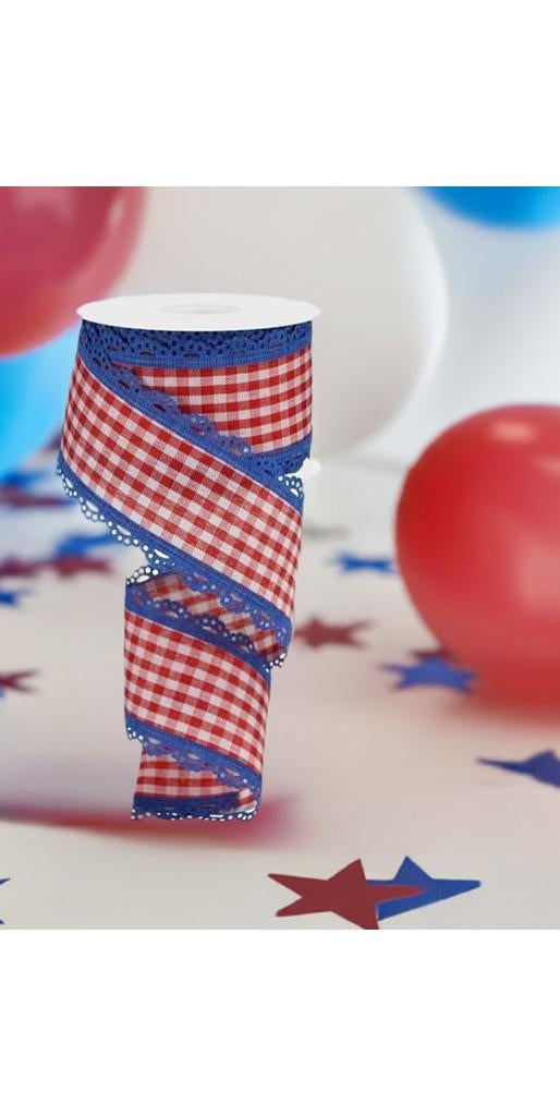 2.5" Scalloped Edge Gingham Ribbon: Red, White & Blue (10 Yard) - Michelle's aDOORable Creations - Wired Edge Ribbon