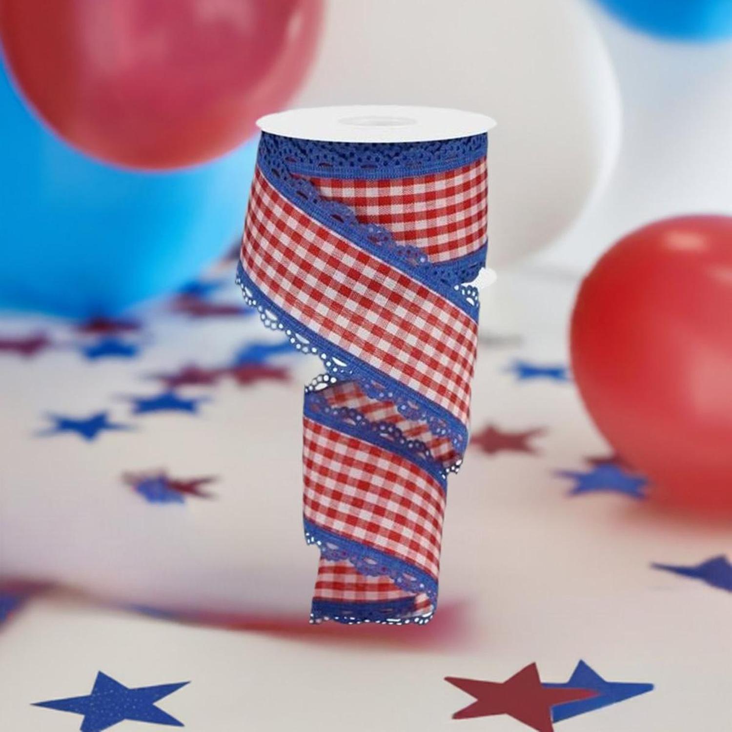 2.5" Scalloped Edge Gingham Ribbon: Red, White & Blue (10 Yard)