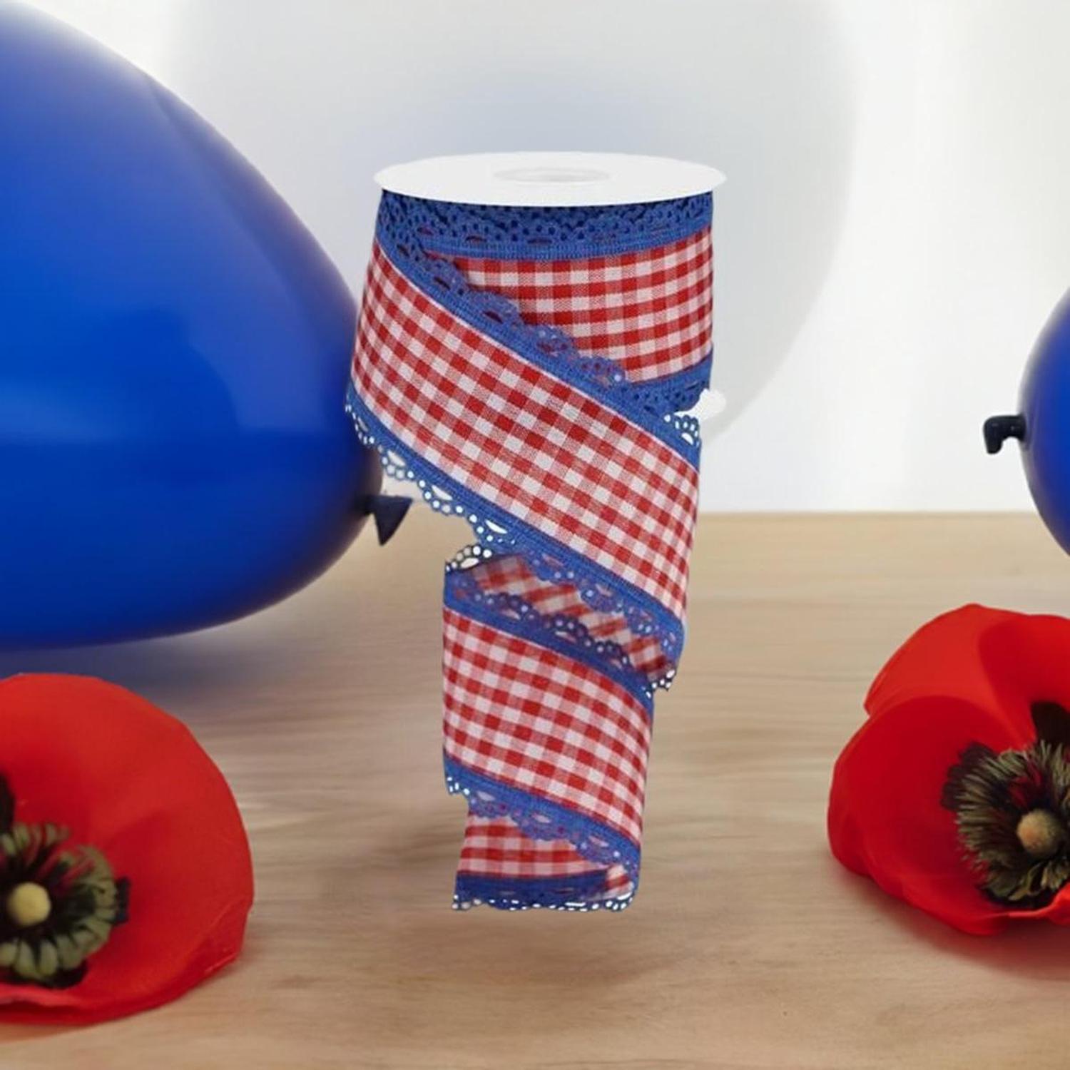 2.5" Scalloped Edge Gingham Ribbon: Red, White & Blue (10 Yard)