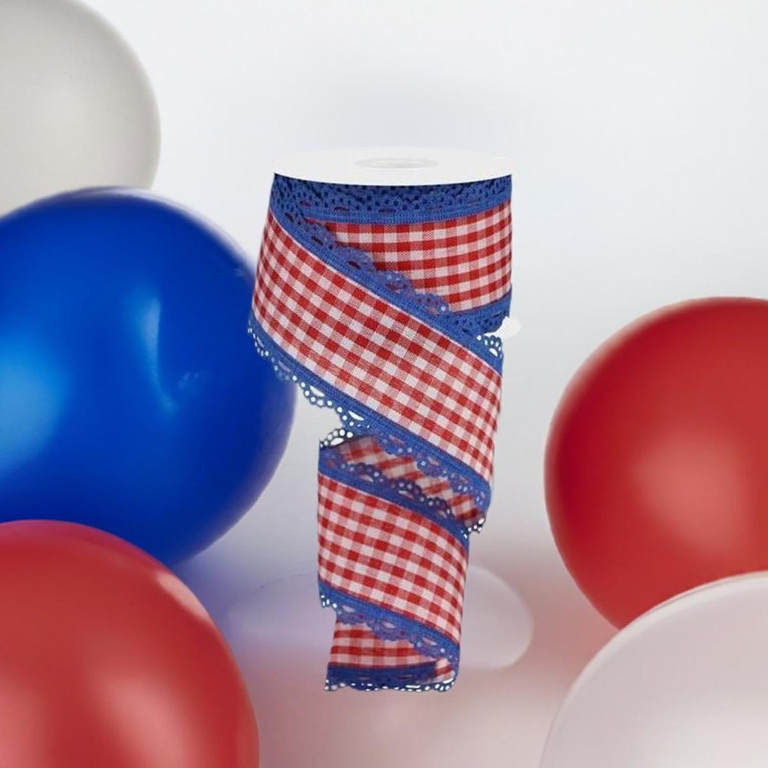 2.5" Scalloped Edge Gingham Ribbon: Red, White & Blue (10 Yard)