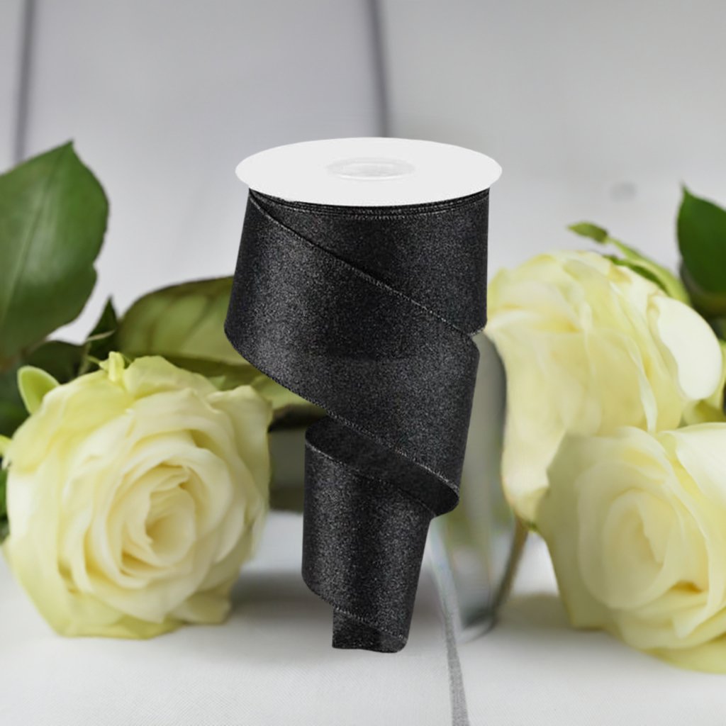 2.5" Shimmer Glitter Ribbon: Black (10 Yards) - Michelle's aDOORable Creations - Wired Edge Ribbon