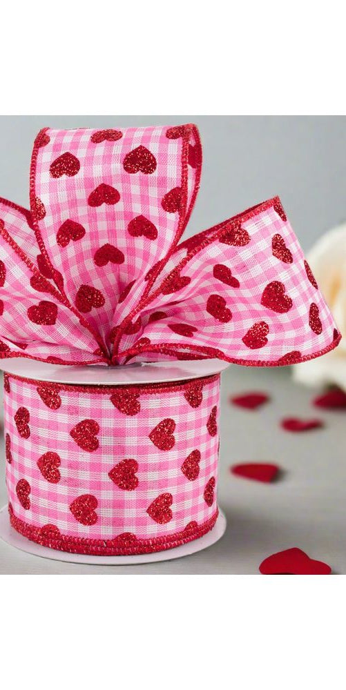 2.5" Small Glitter Hearts Ribbon: Pink Gingham (10 Yards) - Michelle's aDOORable Creations - Wired Edge Ribbon