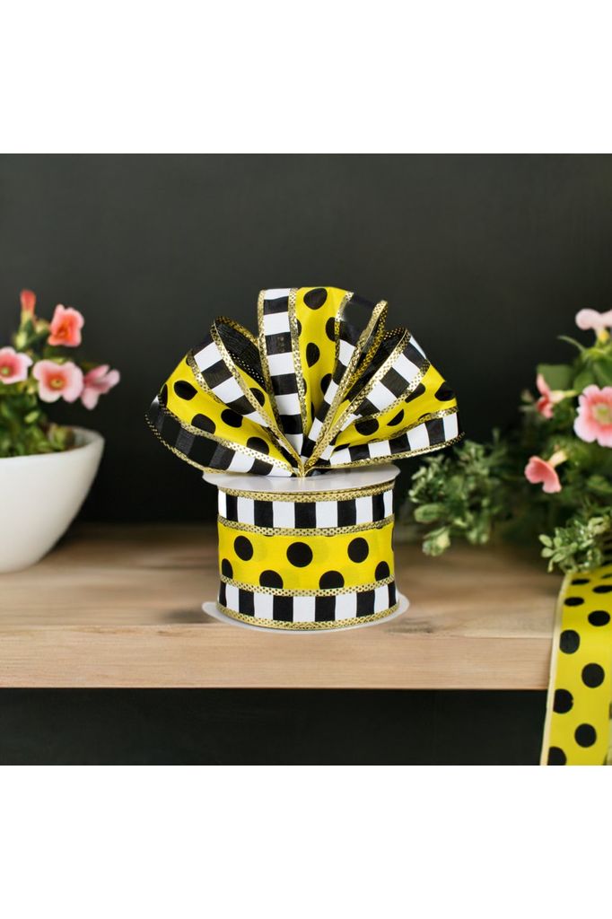 2.5" Striped Edge Polka Dot Ribbon: Yellow, Black & White (10 Yards) - Michelle's aDOORable Creations - Wired Edge Ribbon