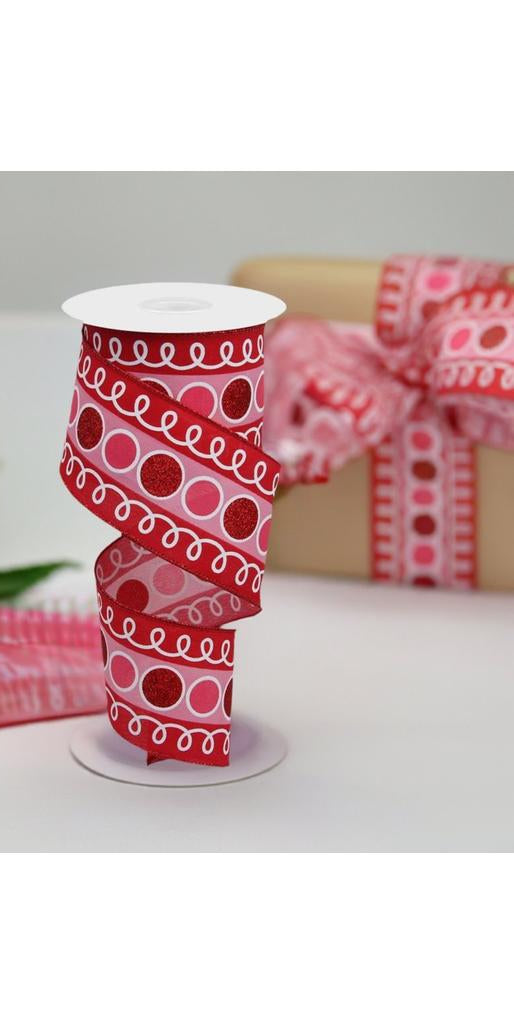 2.5" Striped Glitter Circle Loops Ribbon: Red (10 Yards) - Michelle's aDOORable Creations - Wired Edge Ribbon