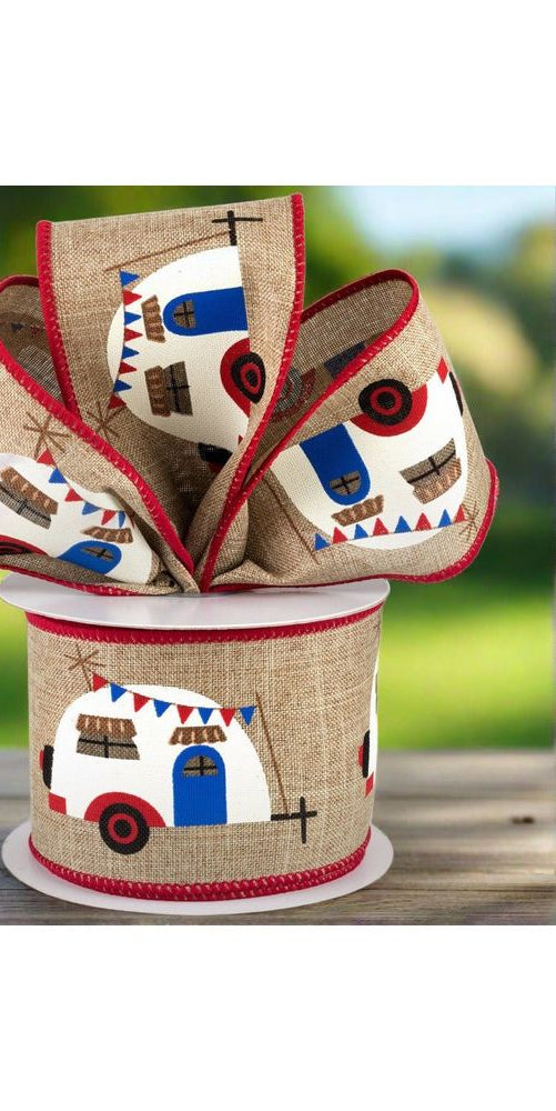 2.5" Summer Camper Ribbon: Lt Natural/Red (10 Yards) - Michelle's aDOORable Creations - Wired Edge Ribbon
