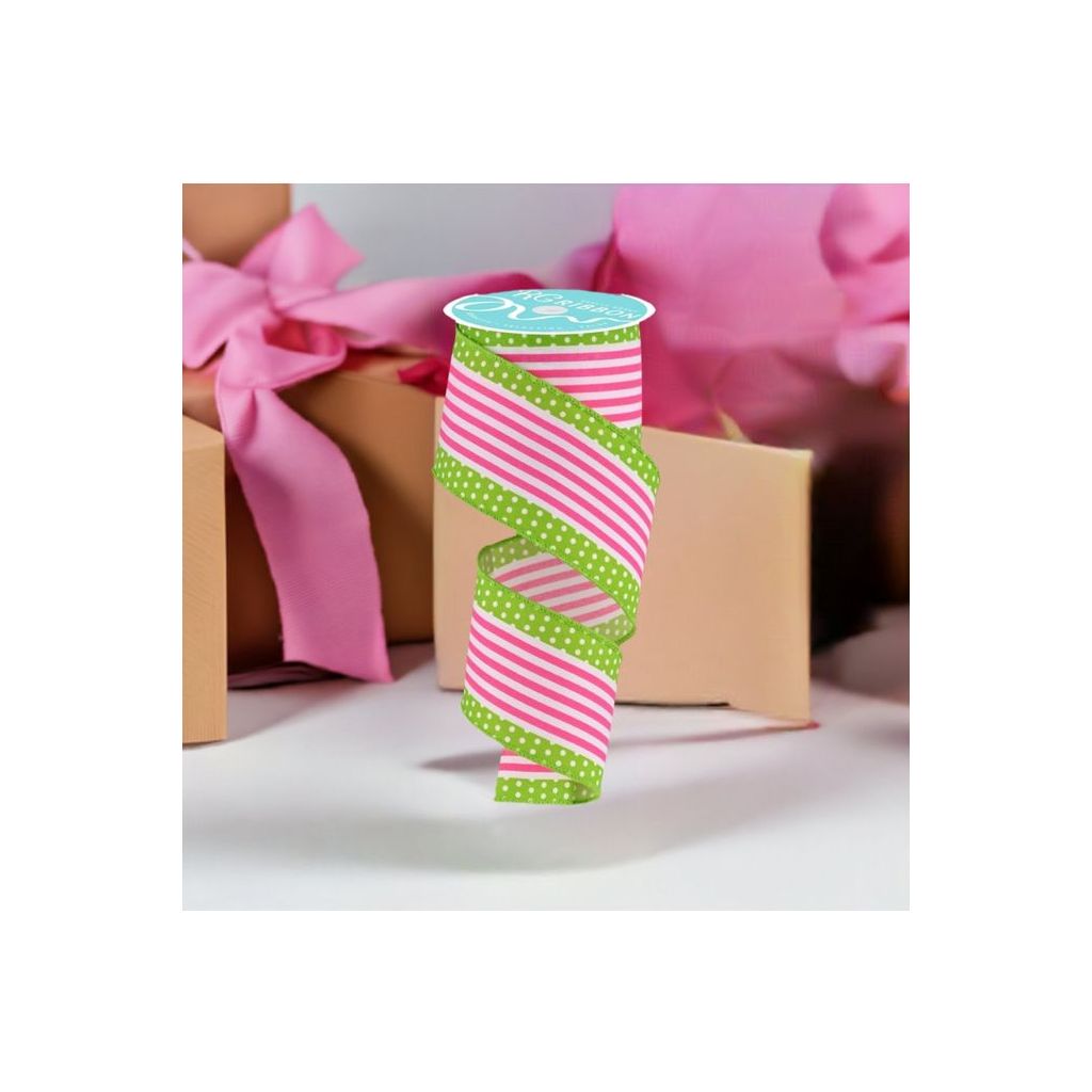 2.5" Vertical Stripe Polka Dot Edge Ribbon: Hot Pink/Lime (10 Yards) - Michelle's aDOORable Creations - Wired Edge Ribbon