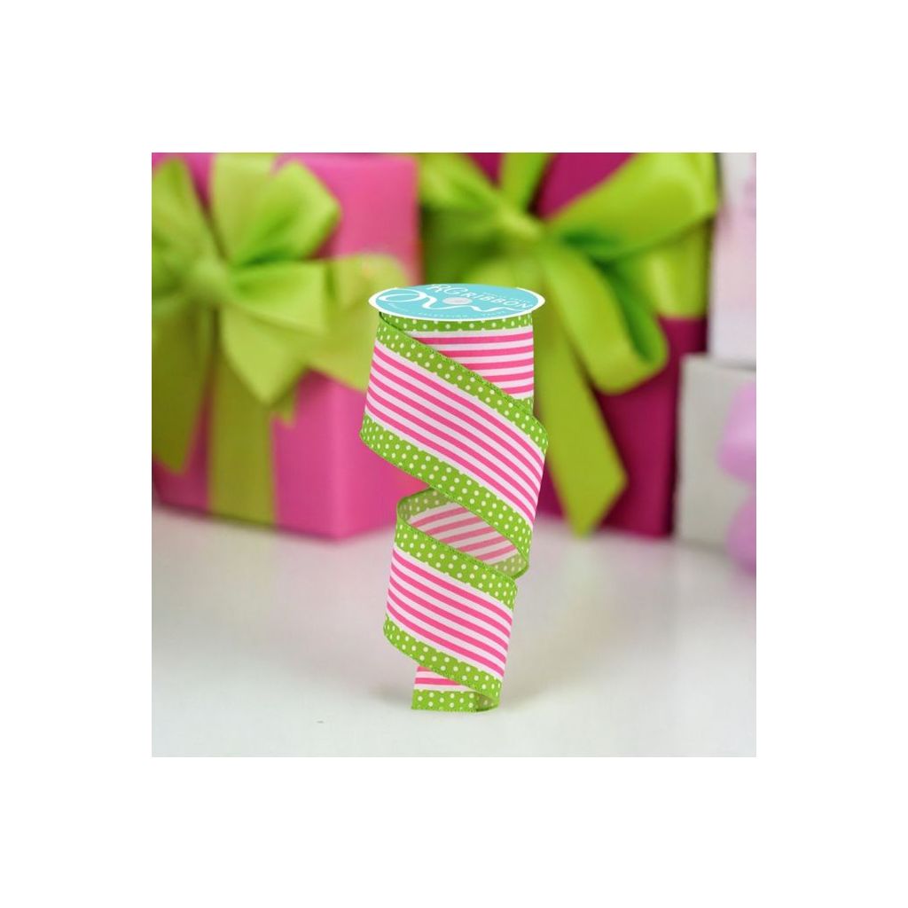 2.5" Vertical Stripe Polka Dot Edge Ribbon: Hot Pink/Lime (10 Yards) - Michelle's aDOORable Creations - Wired Edge Ribbon