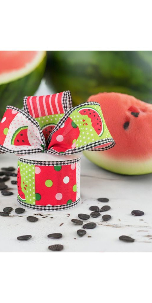 2.5" Watermelon Block Gingham Edge Ribbon: White (10 Yards) - Michelle's aDOORable Creations - Wired Edge Ribbon