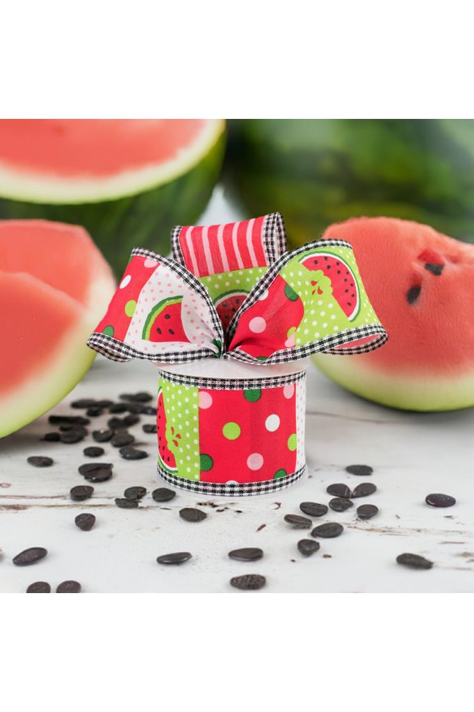 2.5" Watermelon Block Gingham Edge Ribbon: White (10 Yards) - Michelle's aDOORable Creations - Wired Edge Ribbon