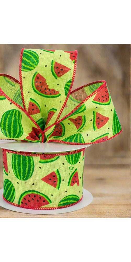 2.5" Watermelon Slices Canvas Ribbon: Bright Green (10 Yards) - Michelle's aDOORable Creations - Wired Edge Ribbon