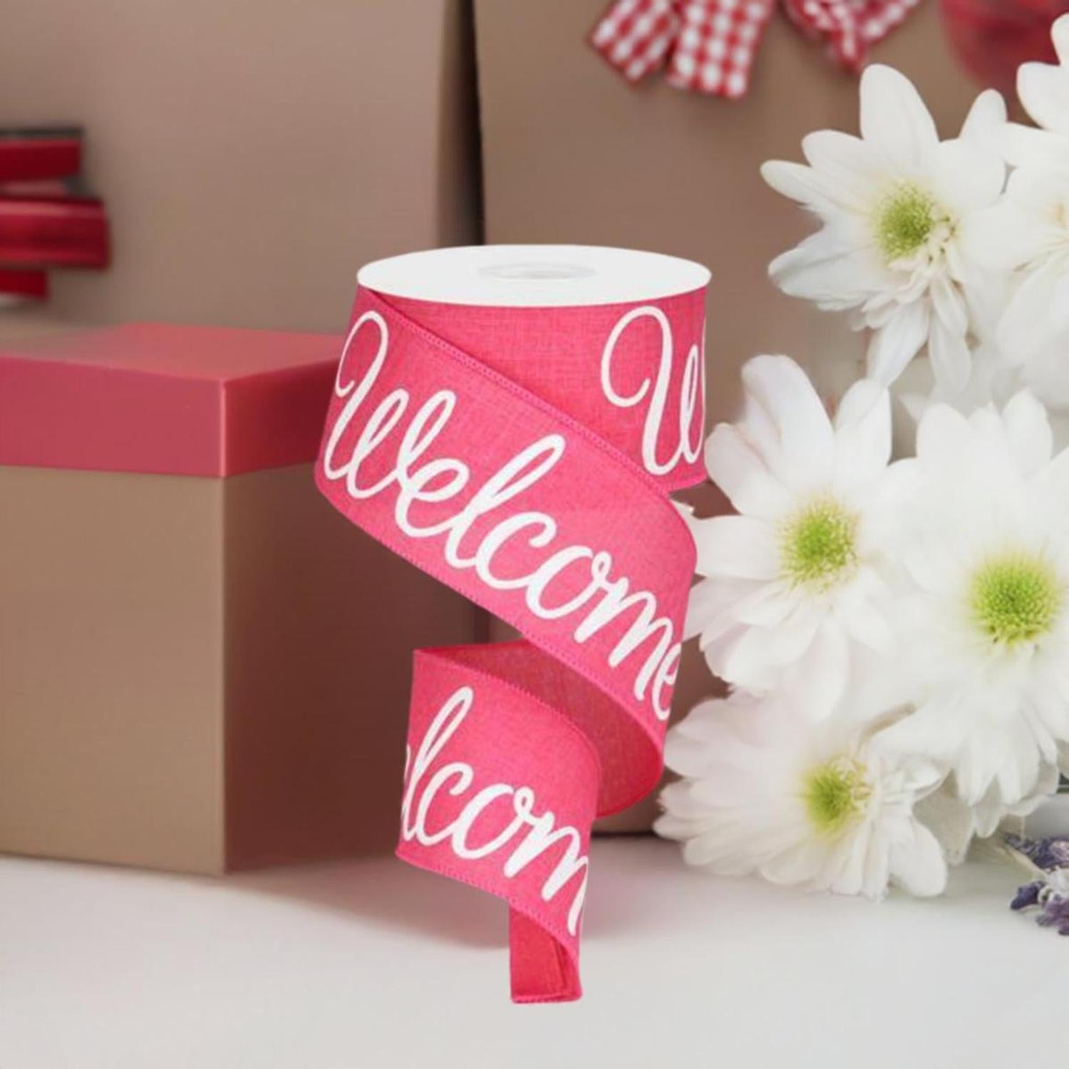 Shop For 2.5" Welcome Royal Ribbon: Hot Pink (10 Yards) at Michelle's aDOORable Creations
