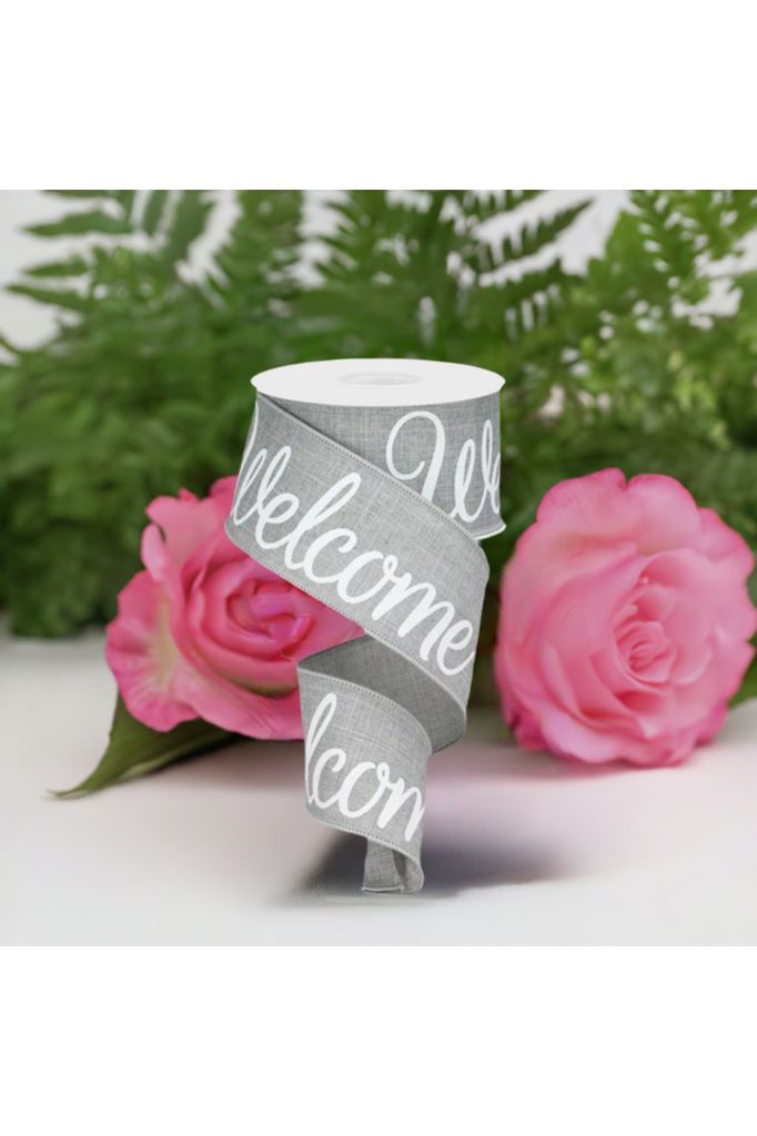 Shop For 2.5" Welcome Royal Ribbon: Light Grey (10 Yards) at Michelle's aDOORable Creations