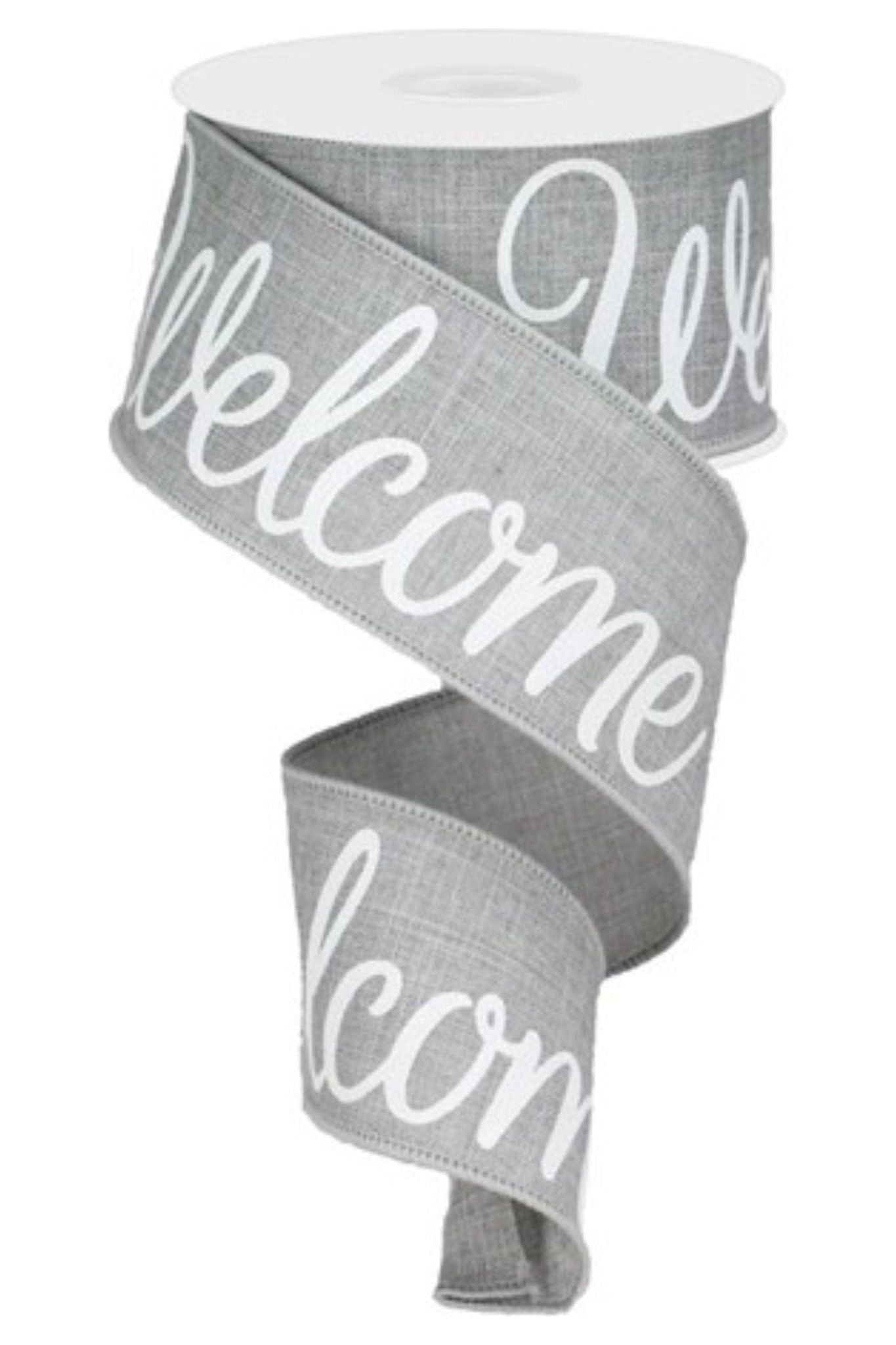 Shop For 2.5" Welcome Royal Ribbon: Light Grey (10 Yards) at Michelle's aDOORable Creations