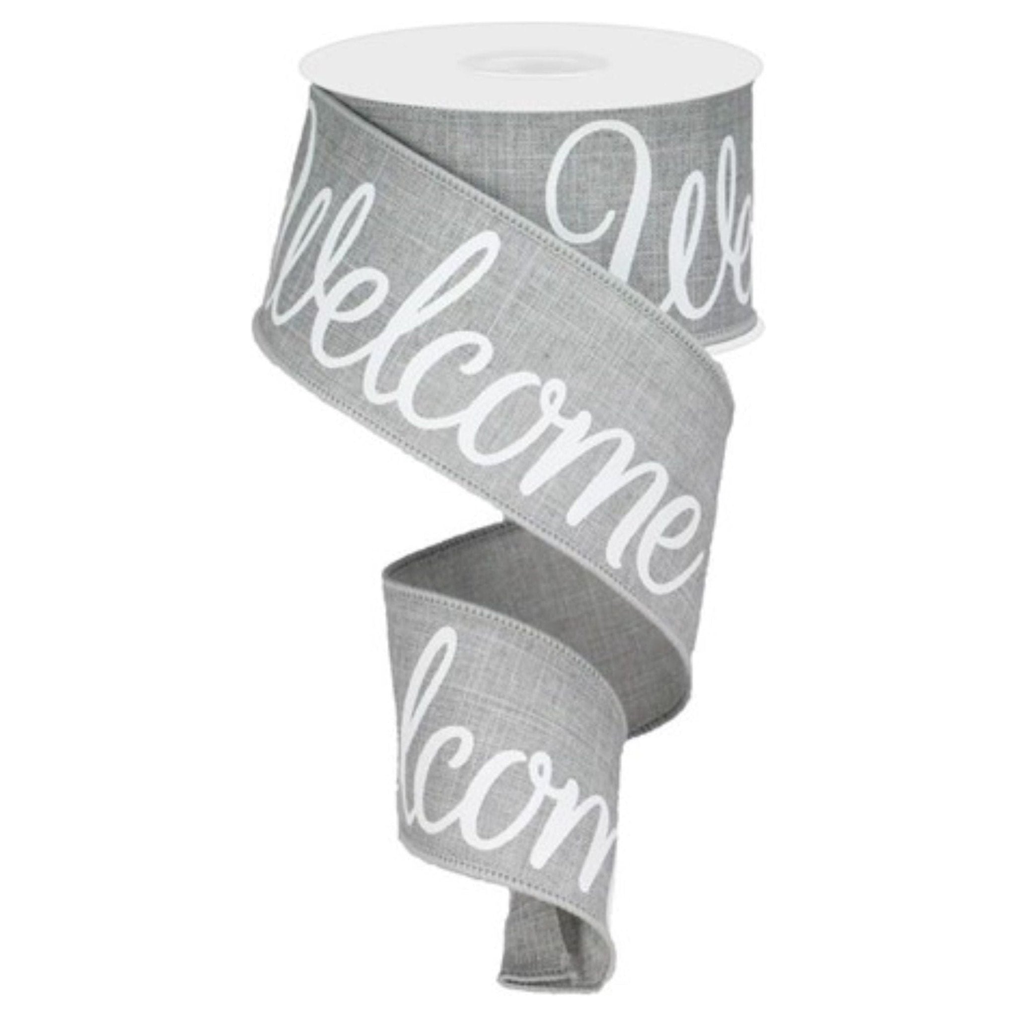 Shop For 2.5" Welcome Royal Ribbon: Light Grey (10 Yards) at Michelle's aDOORable Creations