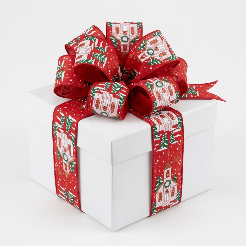 Cranberry red wired edge ribbon bow with winter church and pine tree pattern on gift box