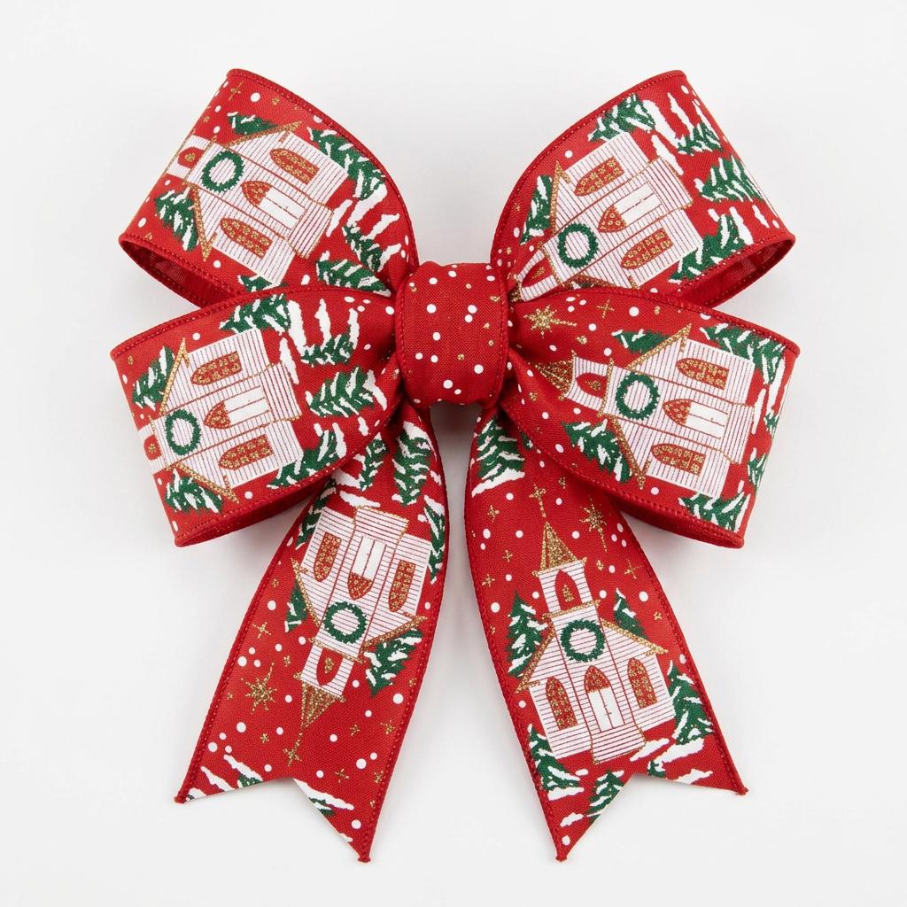 Flat lay of cranberry red wired ribbon featuring white church, green tree, and gold star print