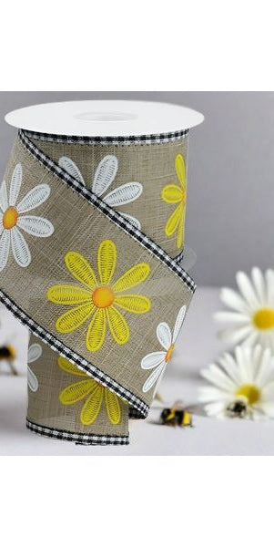 2.75" Embroidered Mixed Daisy Ribbon: Light Beige (10 Yards) - Michelle's aDOORable Creations - Wired Edge Ribbon