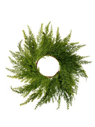 14-inch mini Christmas wreath made of realistic green faux cedar branches for farmhouse holiday decor.