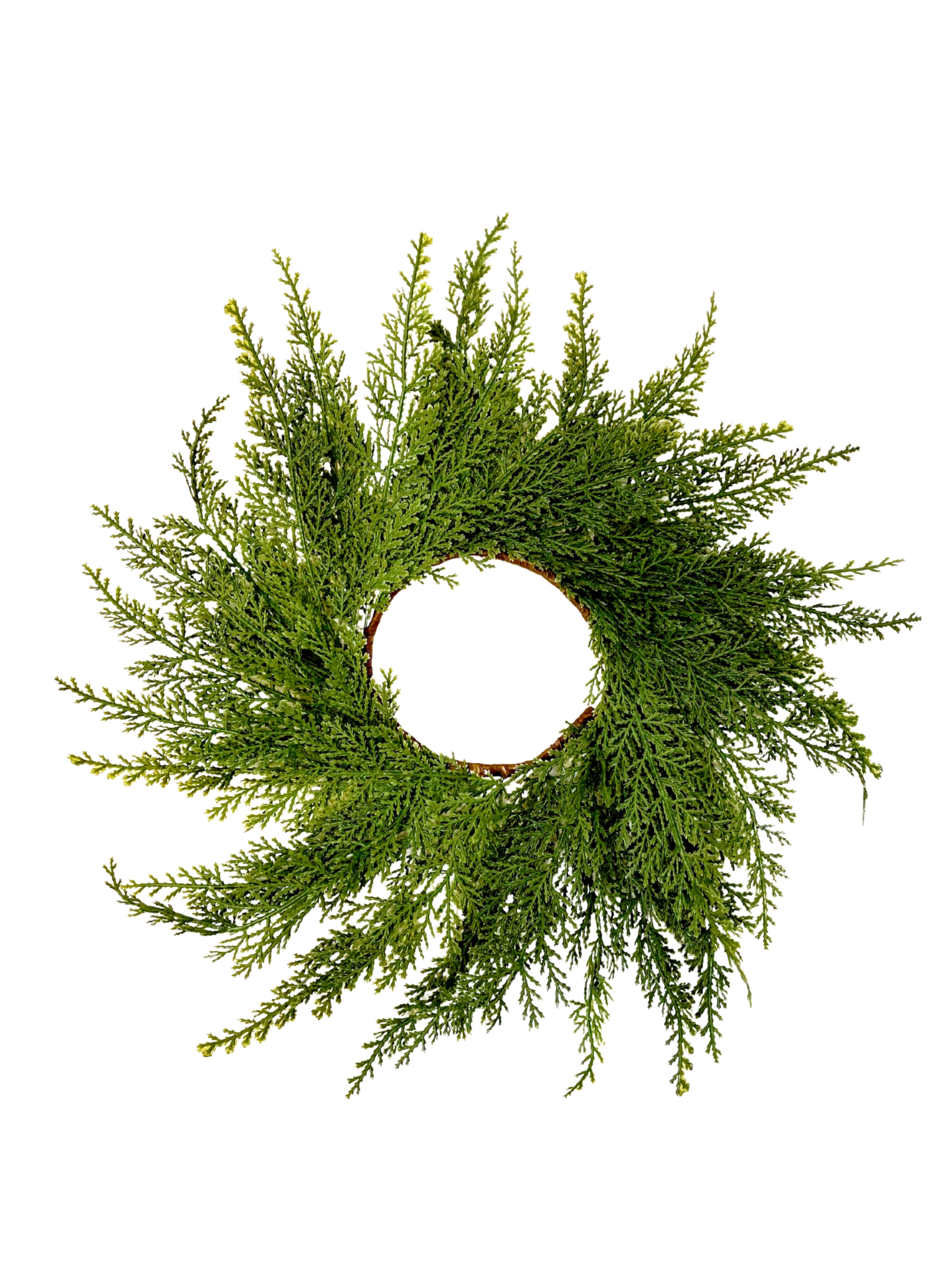 14-inch mini Christmas wreath made of realistic green faux cedar branches for farmhouse holiday decor.