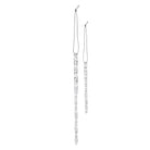 Two clear, twisted glass icicle ornaments with silver hanging strings against a white background.
