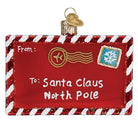 Red glass rectangular ornament shaped like a letter to Santa with white and red striped borders and a snowflake stamp.