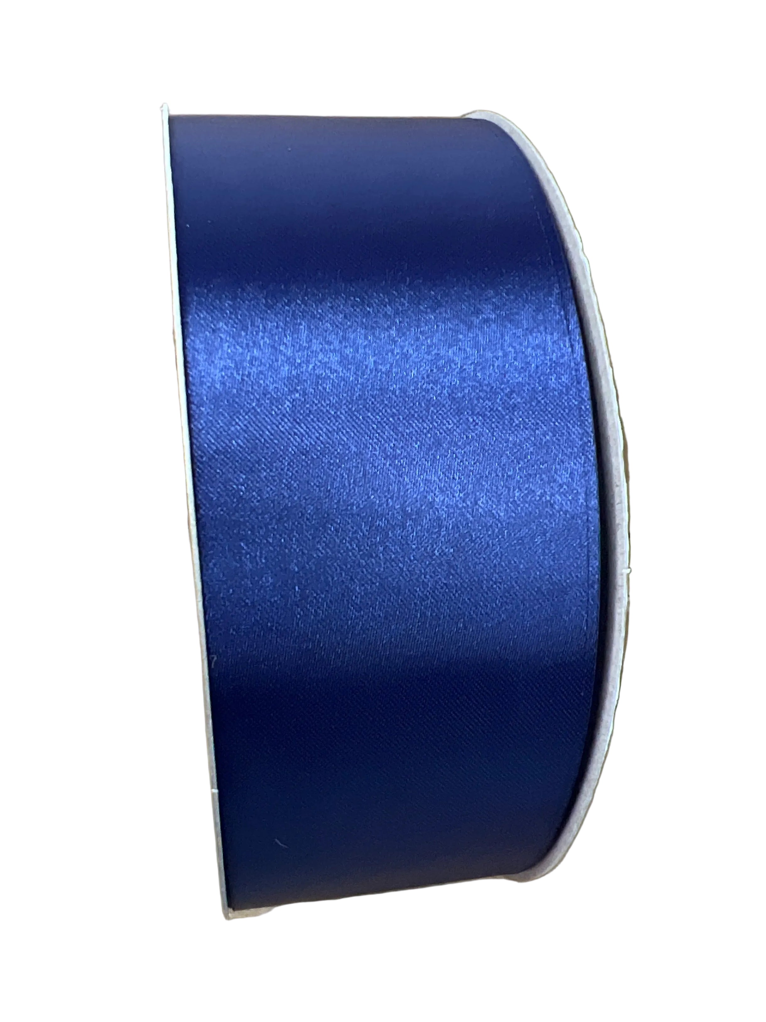 2.5-inch navy blue non-wired satin acetate ribbon spool for crafts and floral arrangements.