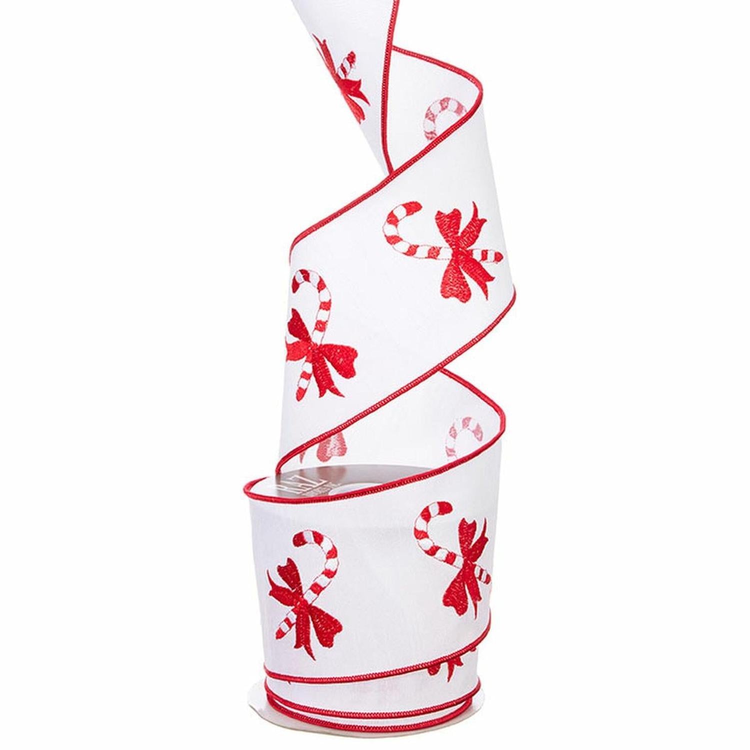 4" Candy Cane Embroidered Ribbon: Red (10 Yards)