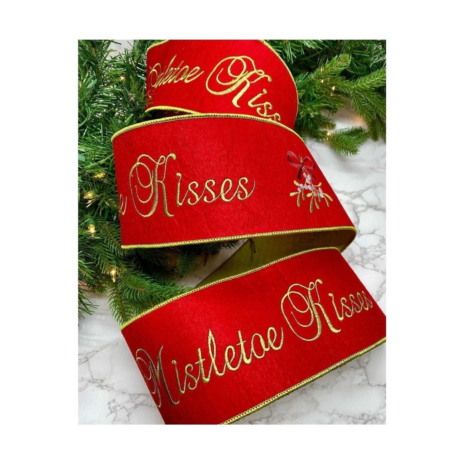 4" Embroidery Mistletoe Kisses Felt Ribbon: Red (5 Yards)