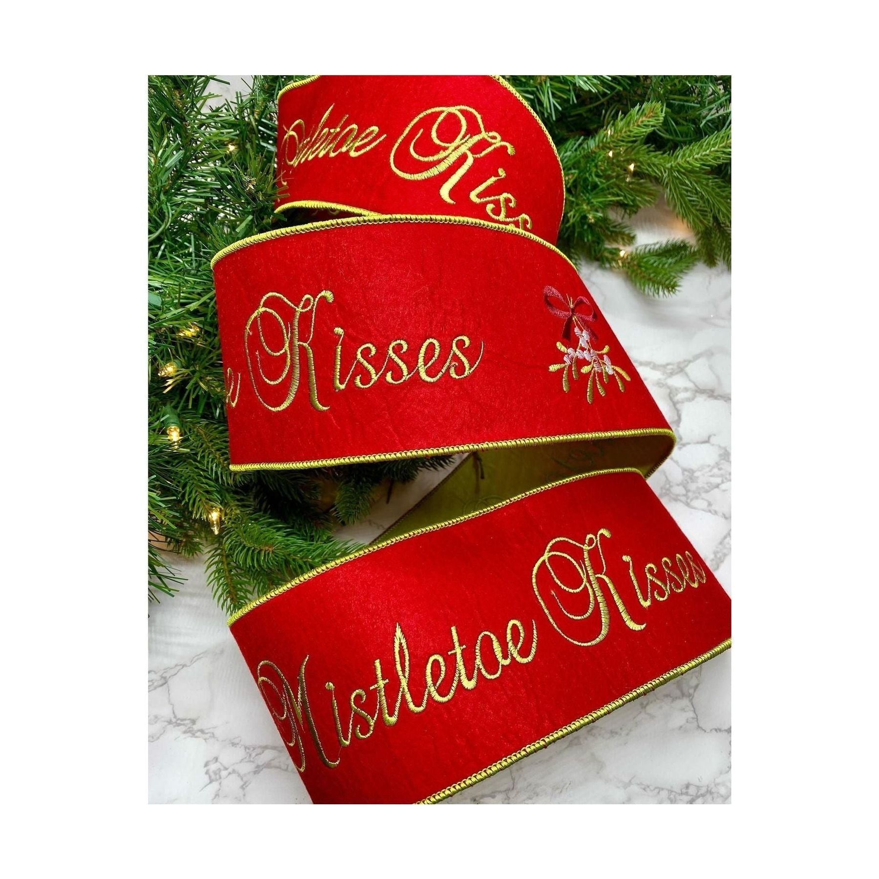 Shop For 4" Embroidery Mistletoe Kisses Felt Ribbon: Red (5 Yards) at Michelle's aDOORable Creations