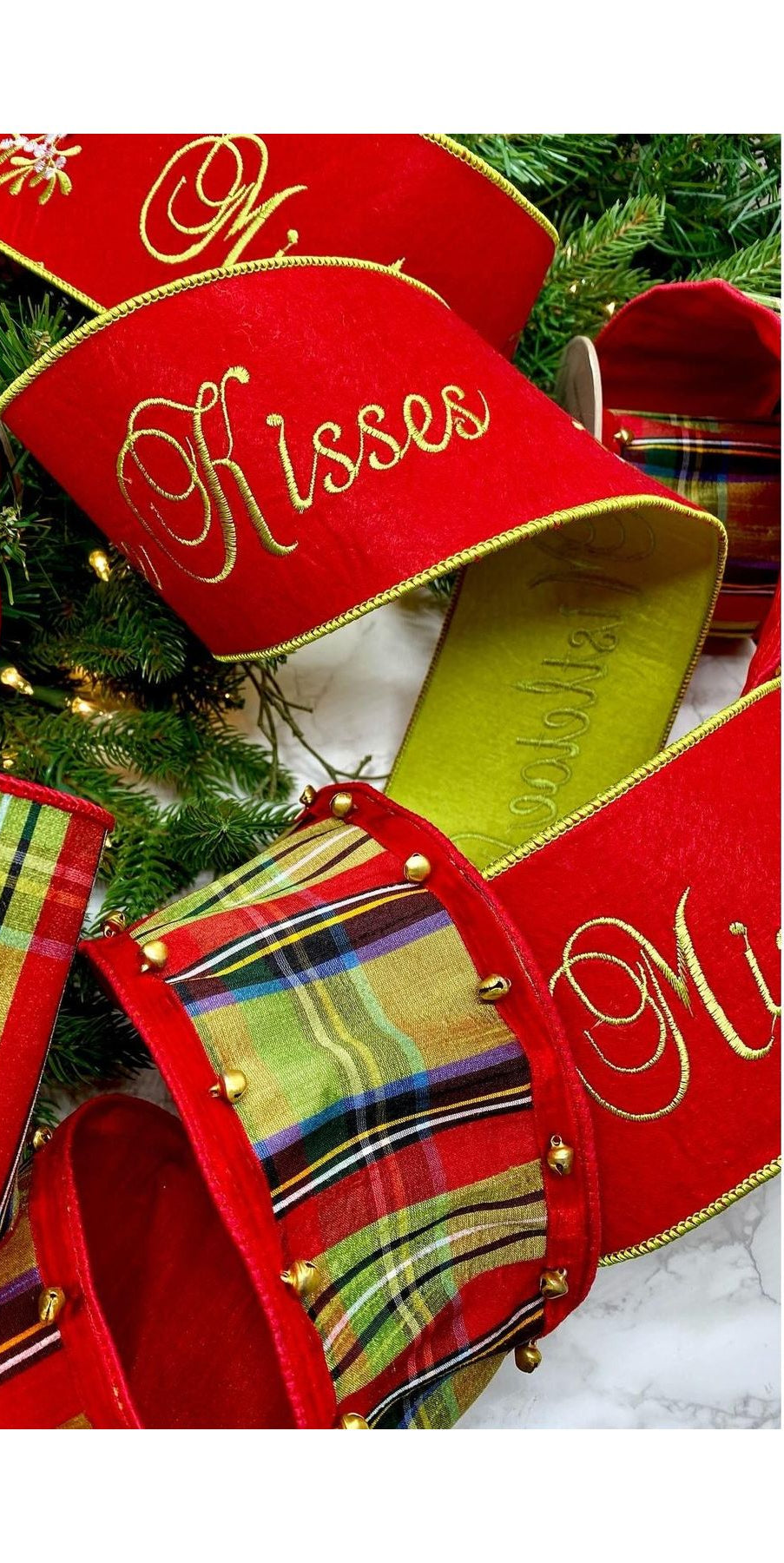 4" Embroidery Mistletoe Kisses Felt Ribbon: Red (5 Yards) - Michelle's aDOORable Creations - Wired Edge Ribbon