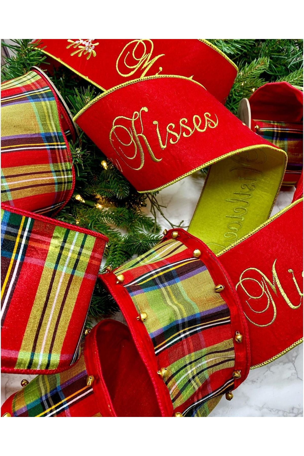 4" Embroidery Mistletoe Kisses Felt Ribbon: Red (5 Yards) - Michelle's aDOORable Creations - Wired Edge Ribbon