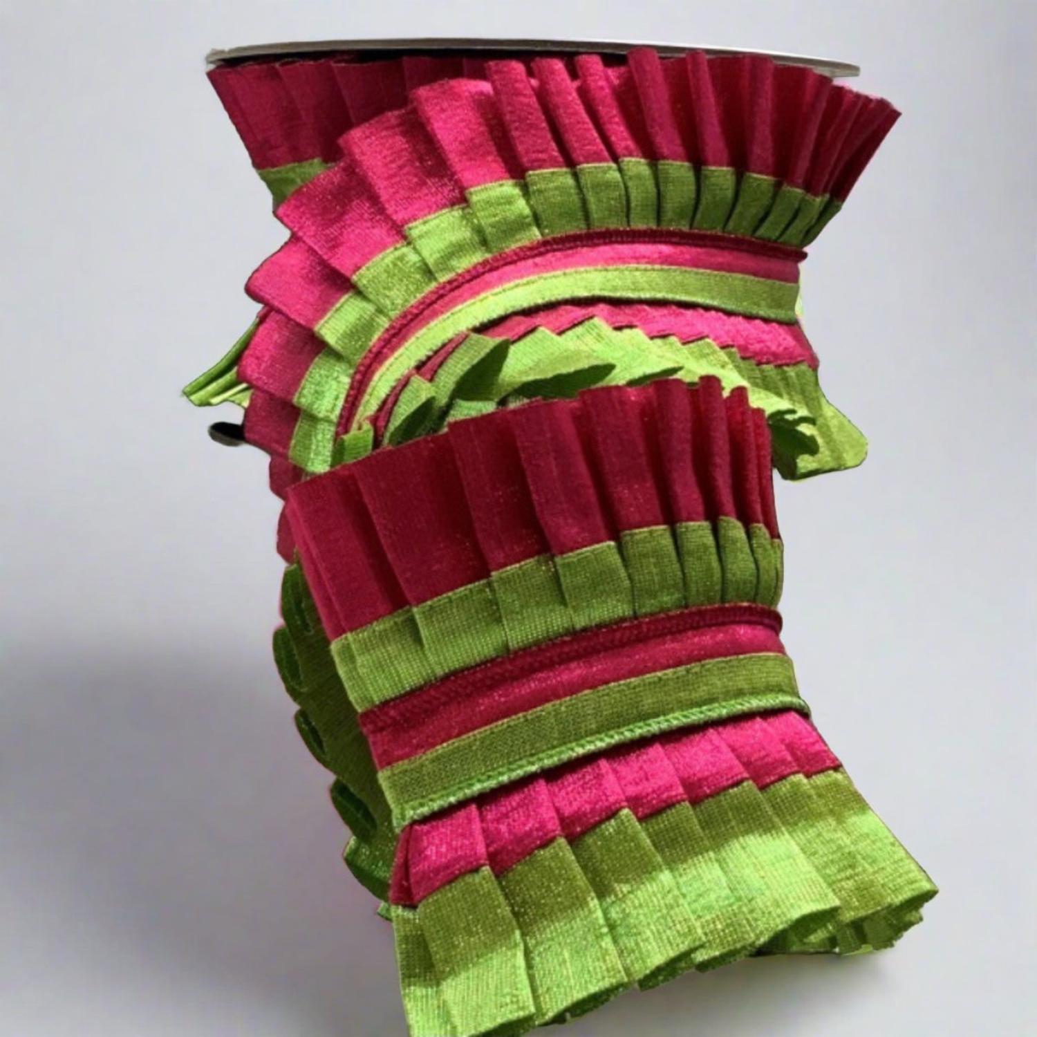 4" Metallic Dupion Pleated Ruffle Ribbon: Lime/Hot Pink (5 Yards)