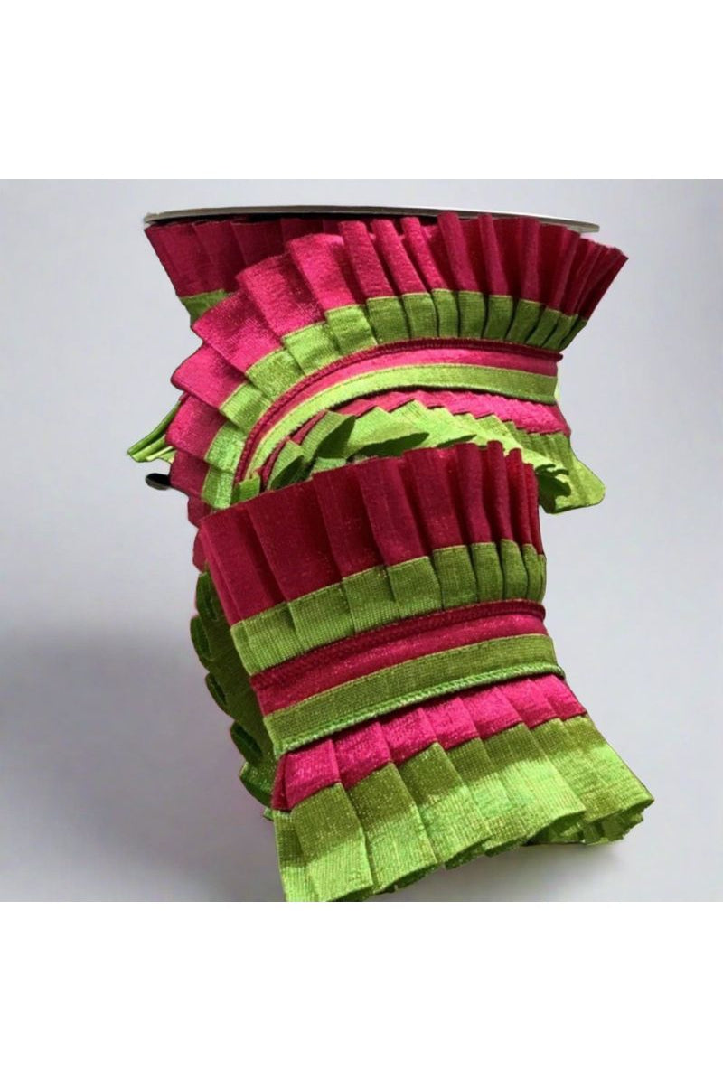 Shop For 4" Metallic Dupion Pleated Ruffle Ribbon: Lime/Hot Pink (5 Yards) 05-0478