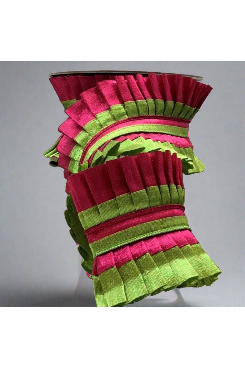 4" Metallic Dupion Pleated Ruffle Ribbon: Lime/Hot Pink (5 Yards) - Michelle's aDOORable Creations - Wired Edge Ribbon