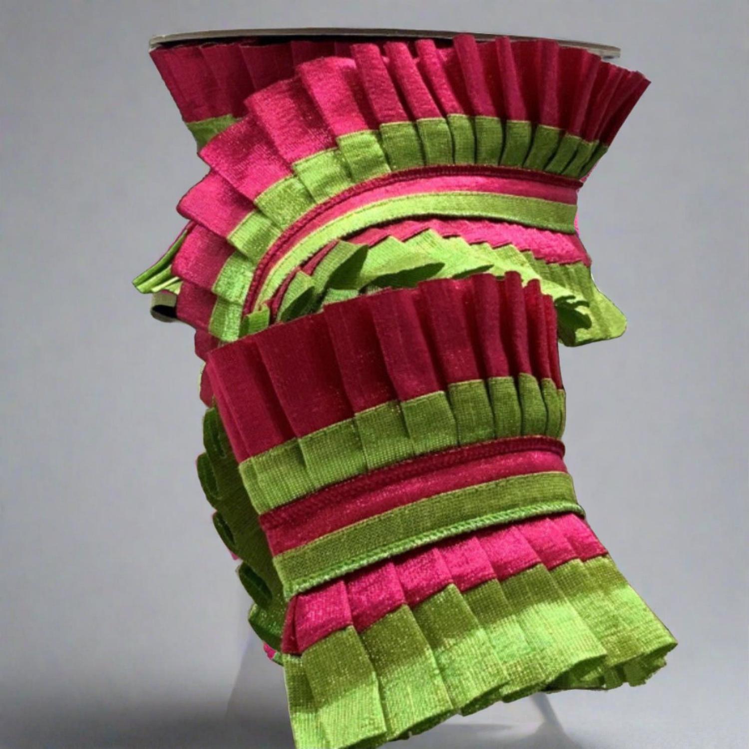 Shop For 4" Metallic Dupion Pleated Ruffle Ribbon: Lime/Hot Pink (5 Yards) at Michelle's aDOORable Creations