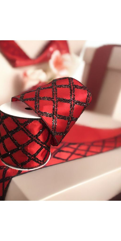 4" Red Satin Glitter Ribbon: Black Diamond (10 Yards) - Michelle's aDOORable Creations - Wired Edge Ribbon
