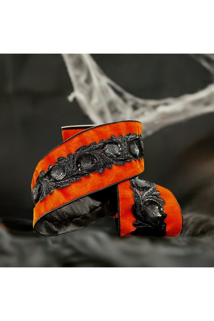 4" Velvet Black Floral Sequin Ribbon: Orange (5 Yards) - Michelle's aDOORable Creations - Wired Edge Ribbon